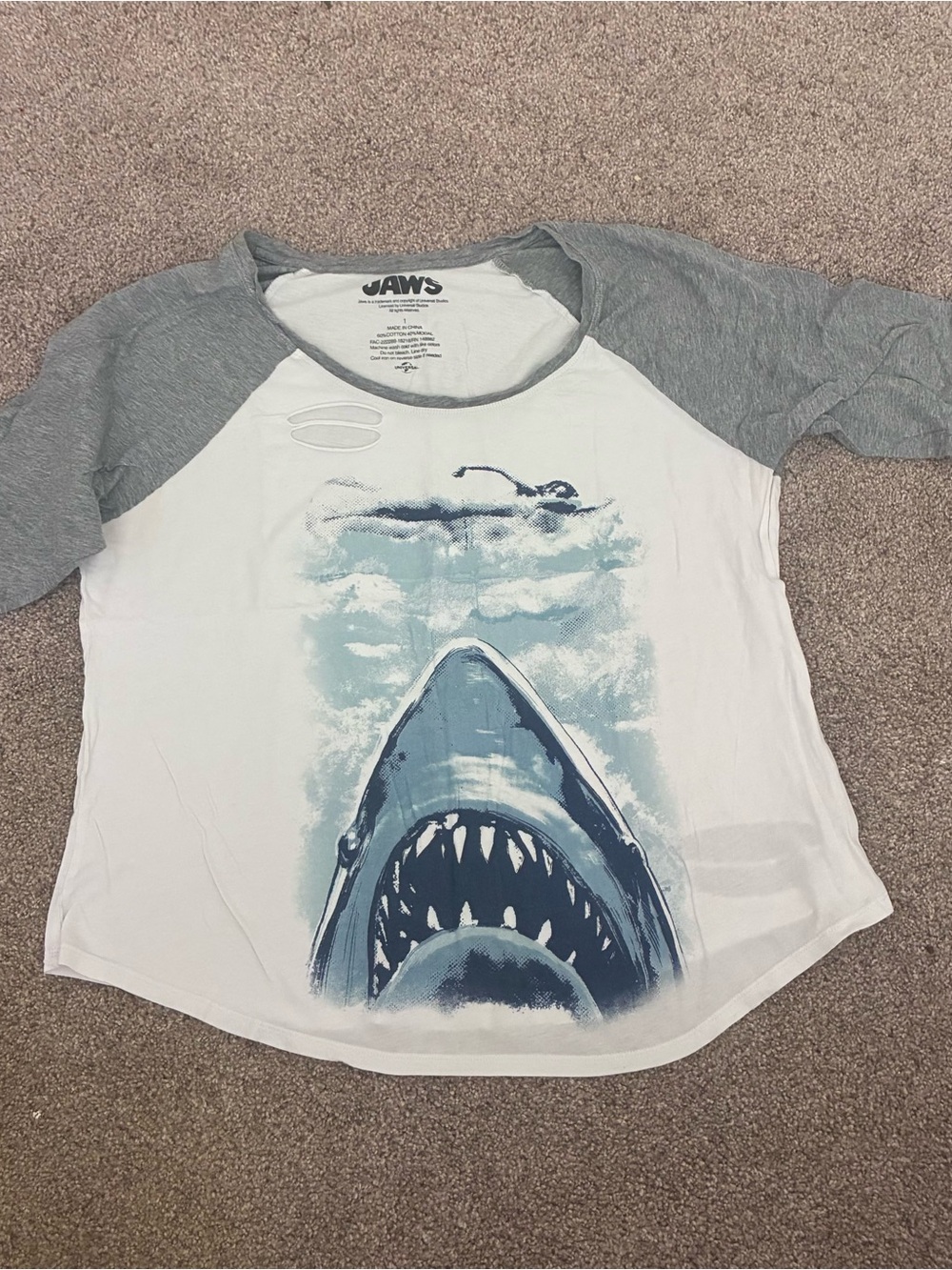 Universal White & Gray Raglan Jaws Shark Graphic Tee